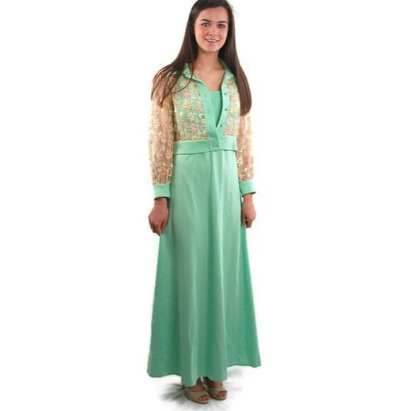 1970s maxi dress with embroidered jacket mint green Size M/L - Picture 3 of 4